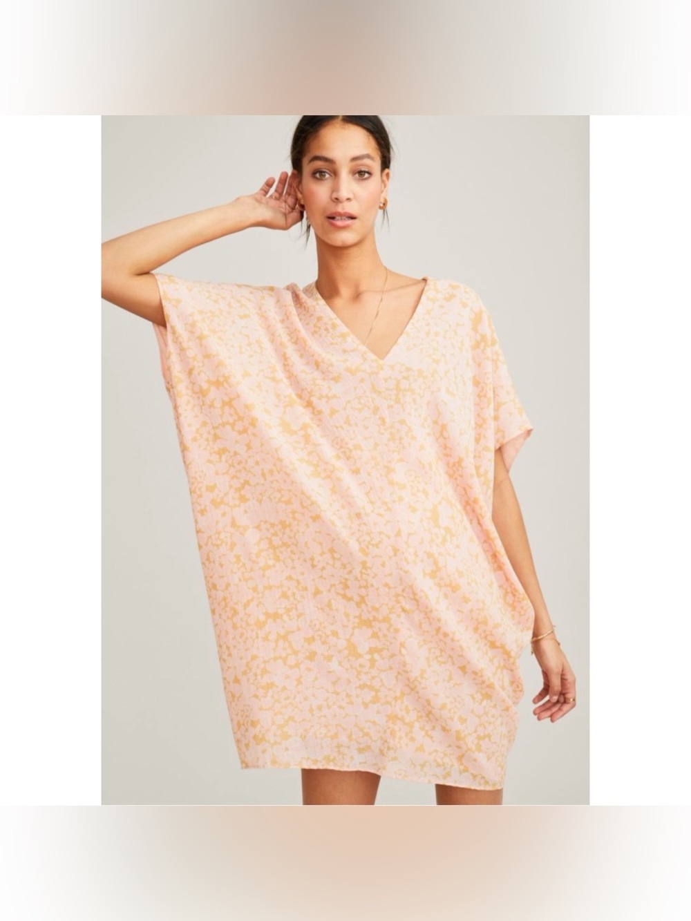HATCH The Slouch Cocoon Mini Dress V-Neck Silk Blend Floral Peach Petite